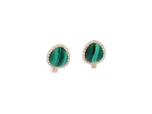 18K Rose Gold Earrings with Oval Malachite and Natural Diamond Halo